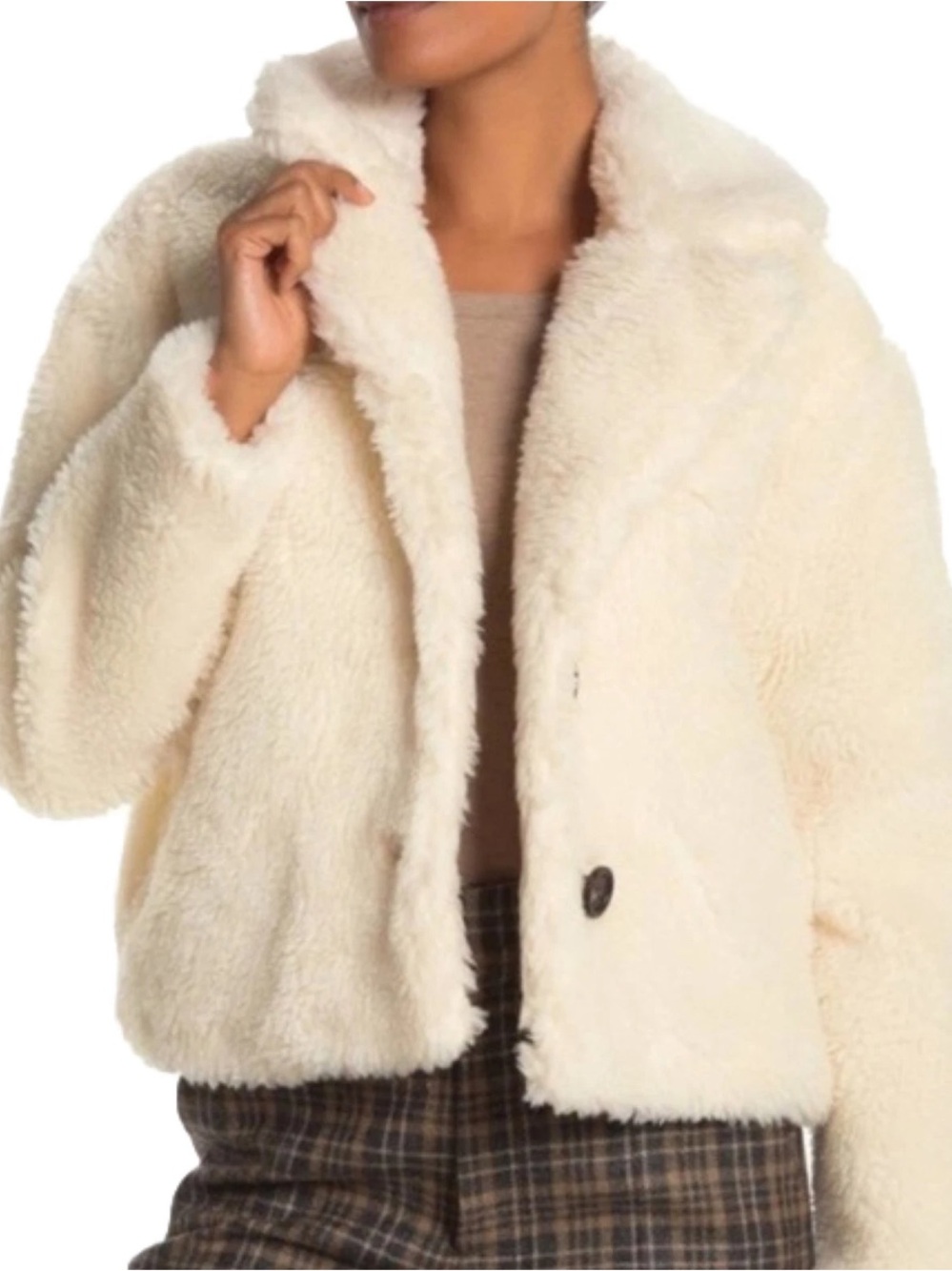 Avec Les Filles Crop Faux Shearling Coat Jacket - Cream